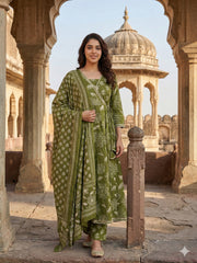 Jaitpuriya Green Pure Cotton Anarkali Angrakha Kurta Set