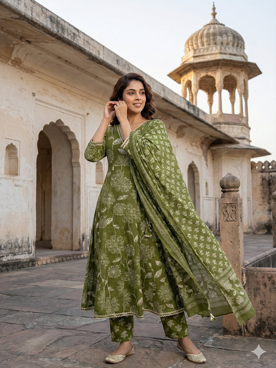 Jaitpuriya Green Pure Cotton Anarkali Angrakha Kurta Set
