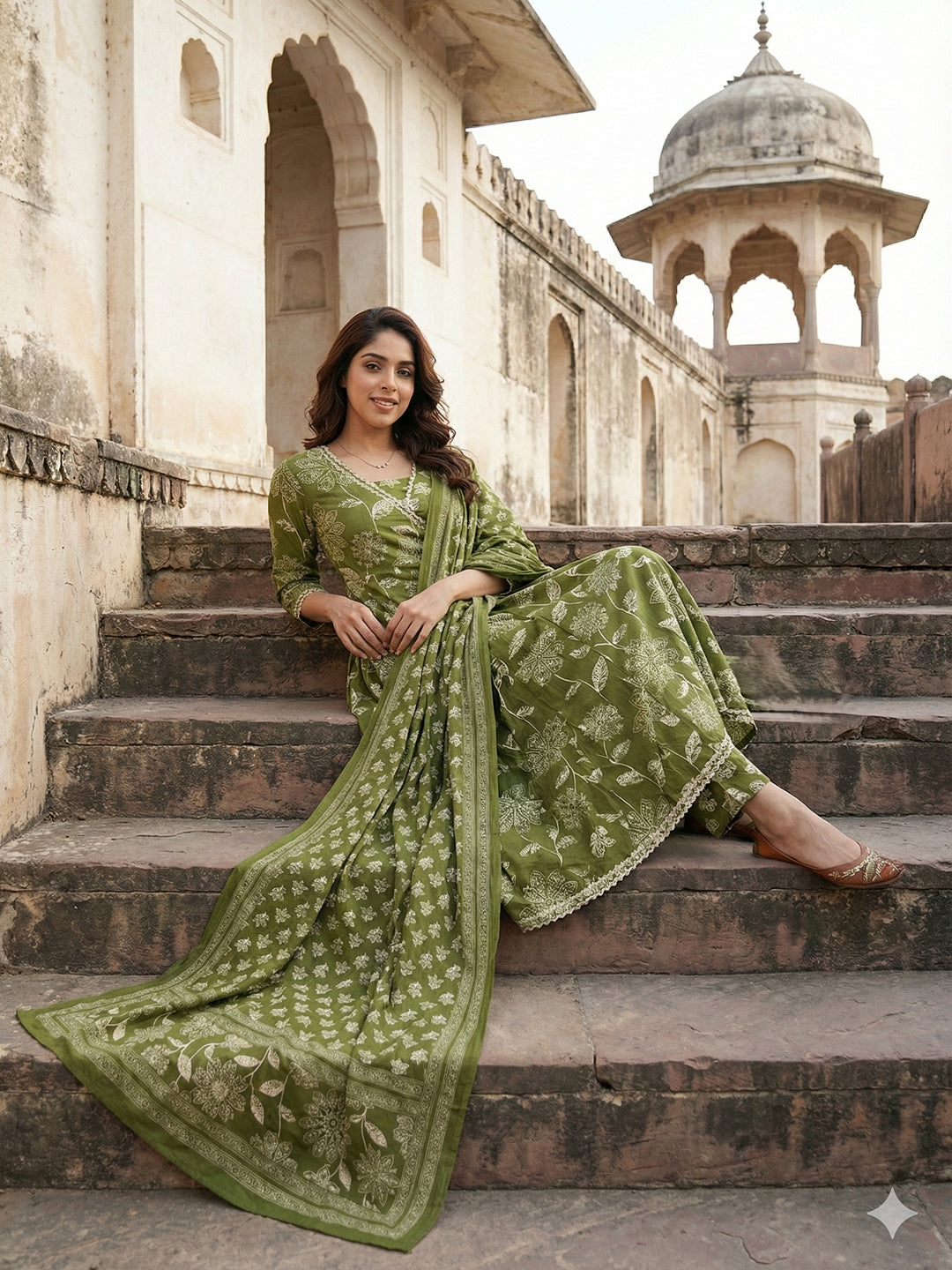 Jaitpuriya Green Pure Cotton Anarkali Angrakha Kurta Set