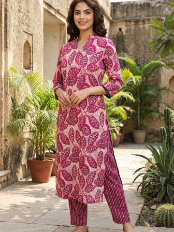 Jaitpuriya Pink Pure Cotton Straight Regular Kurta Set