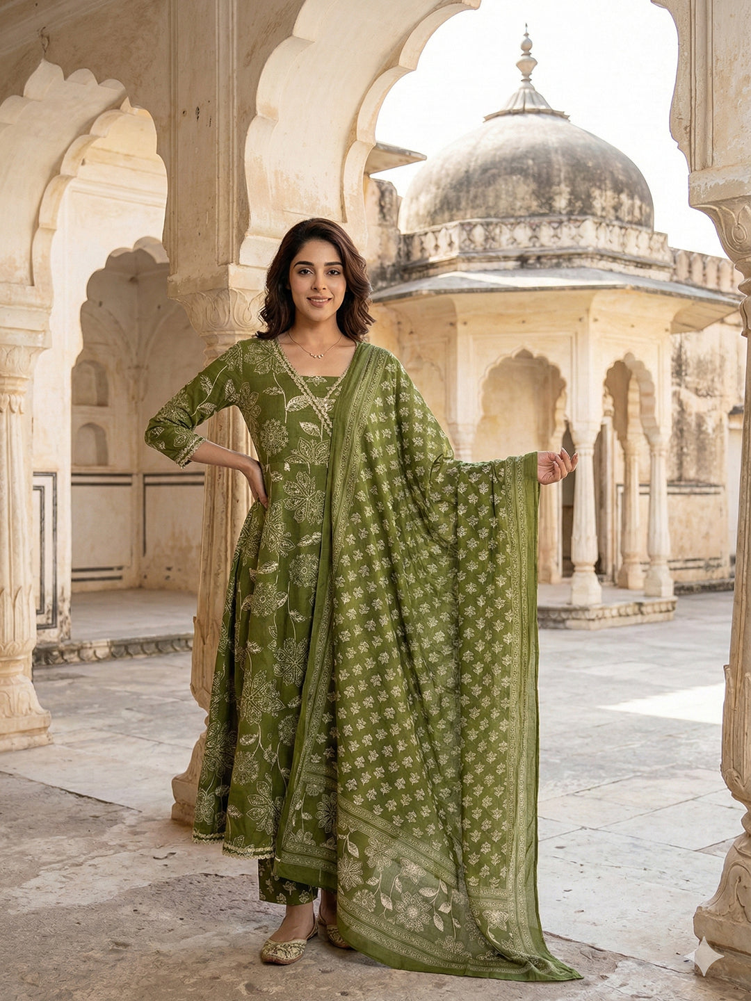 Jaitpuriya Green Pure Cotton Anarkali Angrakha Kurta Set