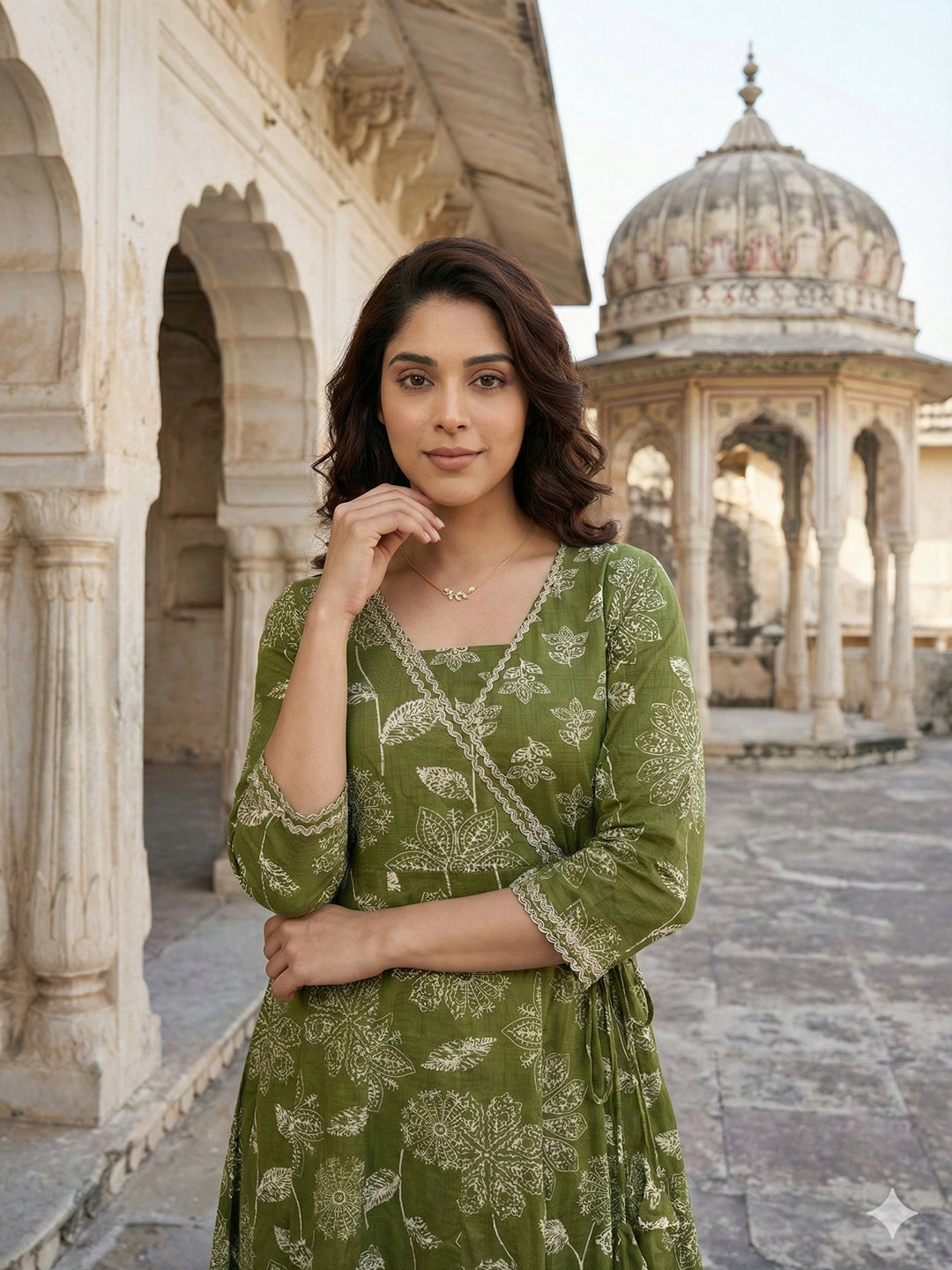 Jaitpuriya Green Pure Cotton Anarkali Angrakha Kurta Set
