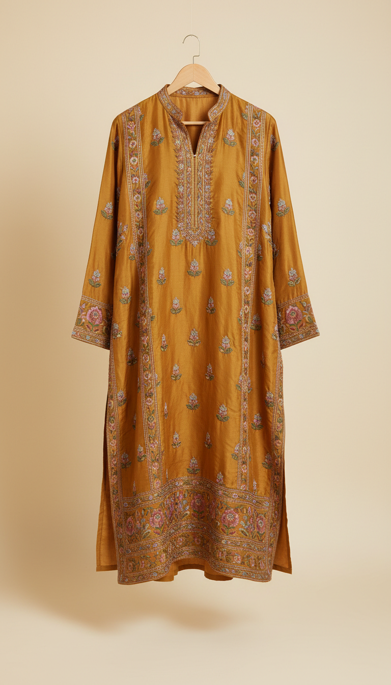 Mustard Silk Embroidered Kurta