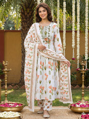 Jaitpuriya Orange And White Pure Cotton Anarkali Pleated Kurta Set
