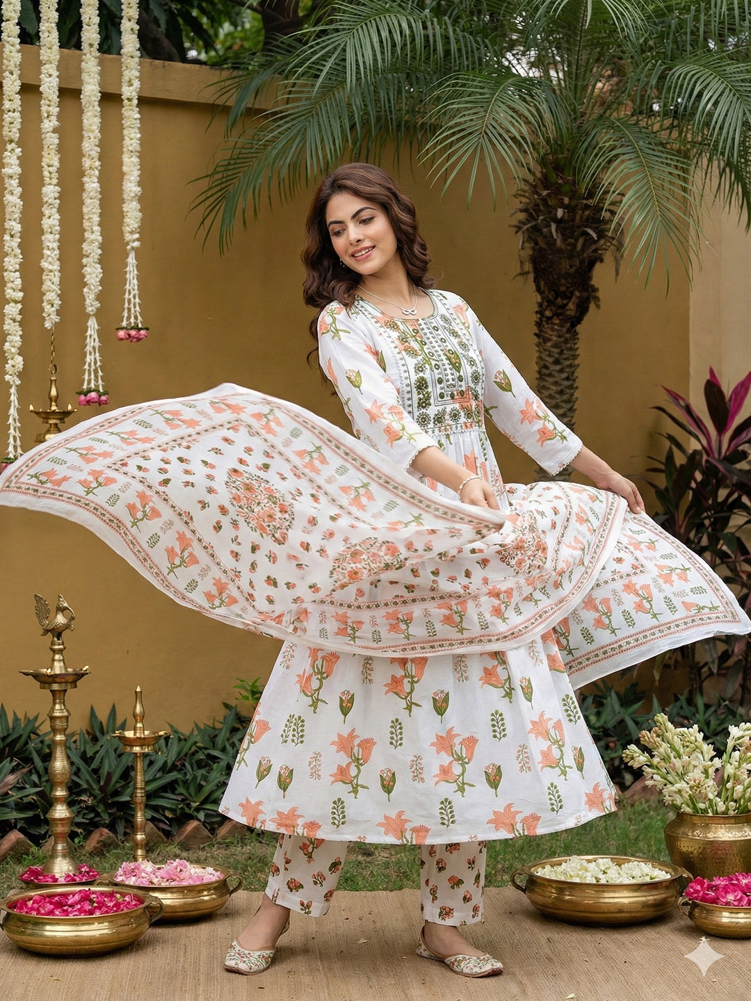 Jaitpuriya Orange And White Pure Cotton Anarkali Pleated Kurta Set