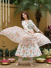 Jaitpuriya Orange And White Pure Cotton Anarkali Pleated Kurta Set