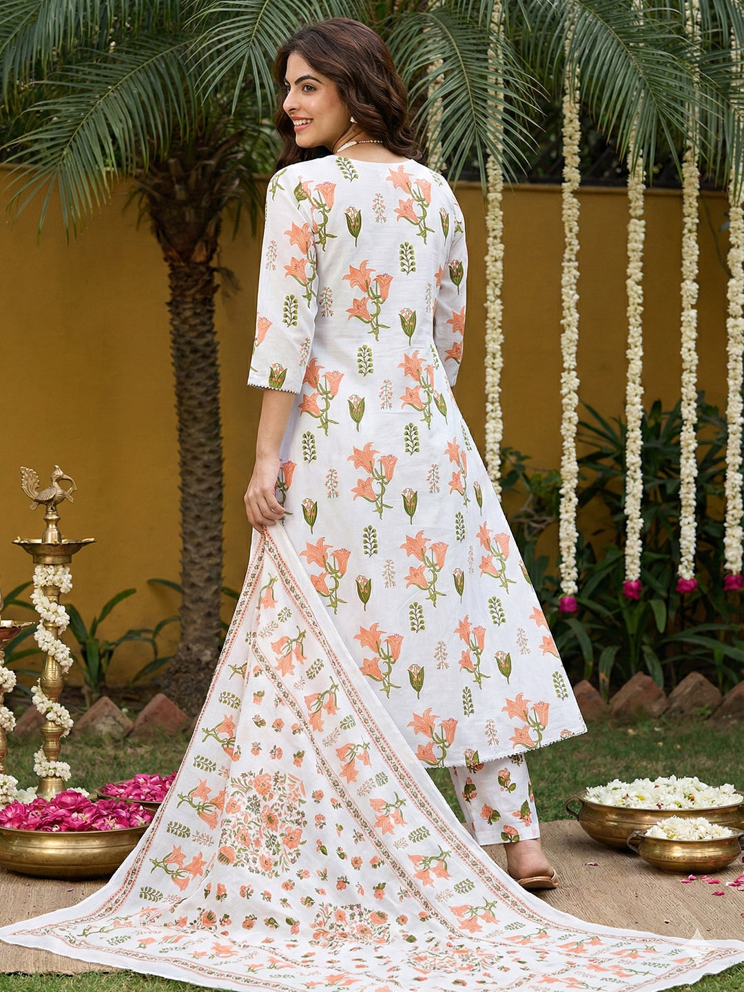 Jaitpuriya Orange And White Pure Cotton Anarkali Pleated Kurta Set