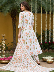 Jaitpuriya Orange And White Pure Cotton Anarkali Pleated Kurta Set