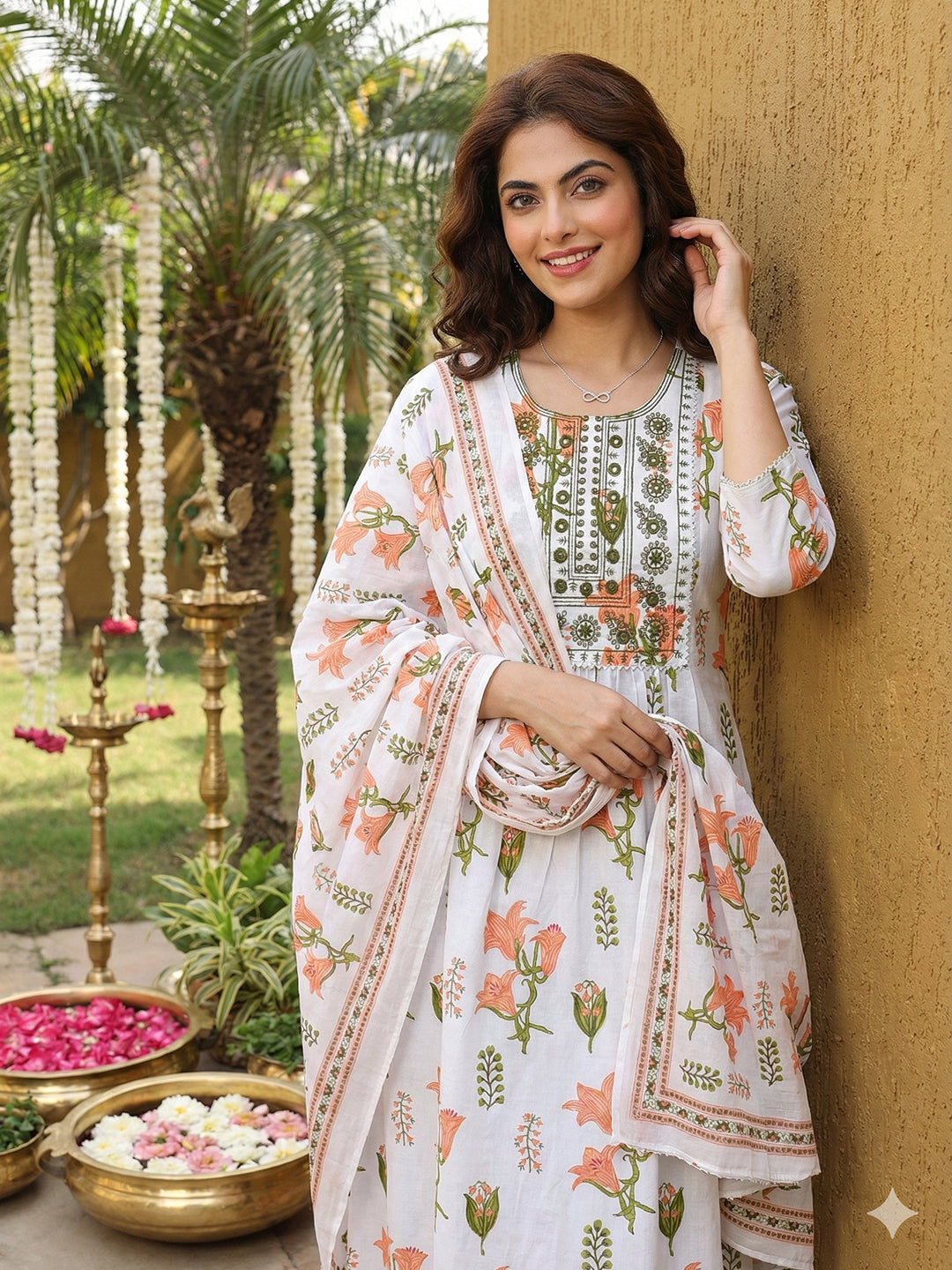 Jaitpuriya Orange And White Pure Cotton Anarkali Pleated Kurta Set