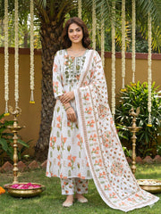 Jaitpuriya Orange And White Pure Cotton Anarkali Pleated Kurta Set