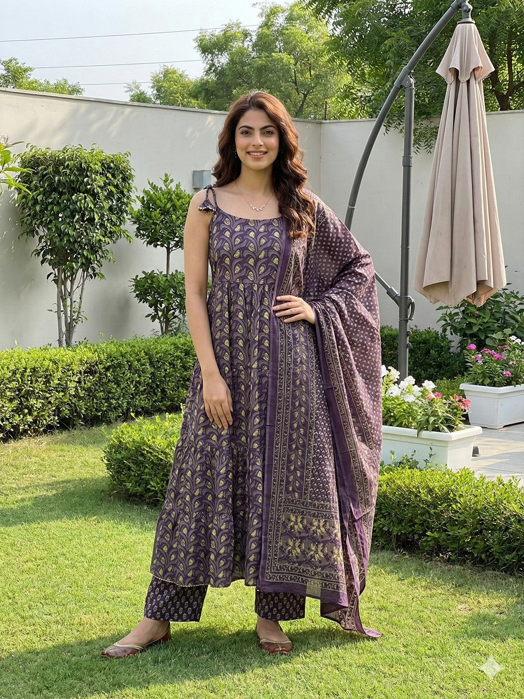 Jaitpuriya Purple Pure Cotton Anarkali Pleated Tierd Kurta Set
