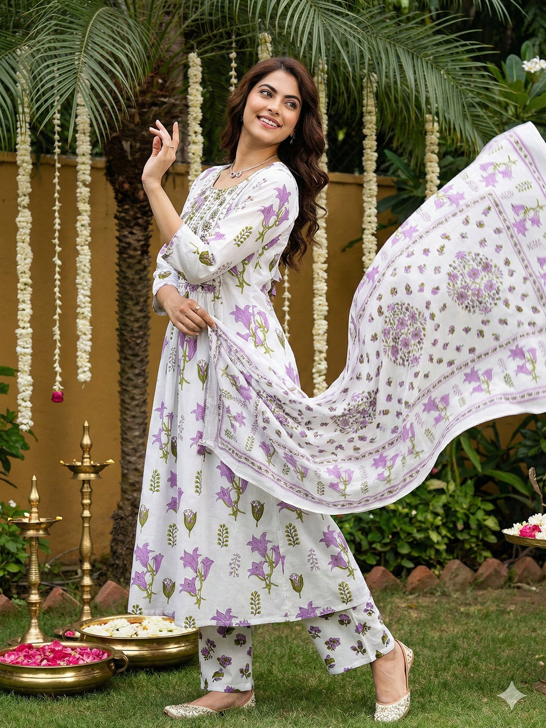 Jaitpuriya Purple And White Pure Cotton Anarkali Pleated Kurta Set