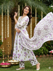 Jaitpuriya Purple And White Pure Cotton Anarkali Pleated Kurta Set