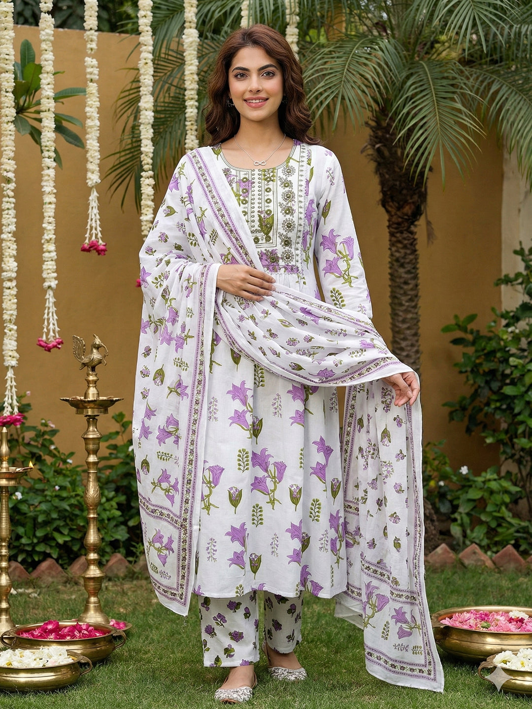 Jaitpuriya Purple And White Pure Cotton Anarkali Pleated Kurta Set