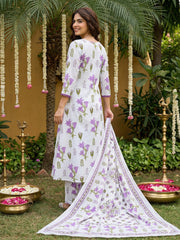 Jaitpuriya Purple And White Pure Cotton Anarkali Pleated Kurta Set