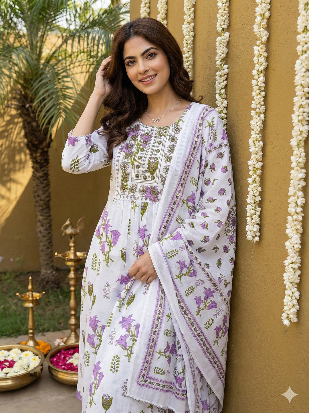 Jaitpuriya Purple And White Pure Cotton Anarkali Pleated Kurta Set