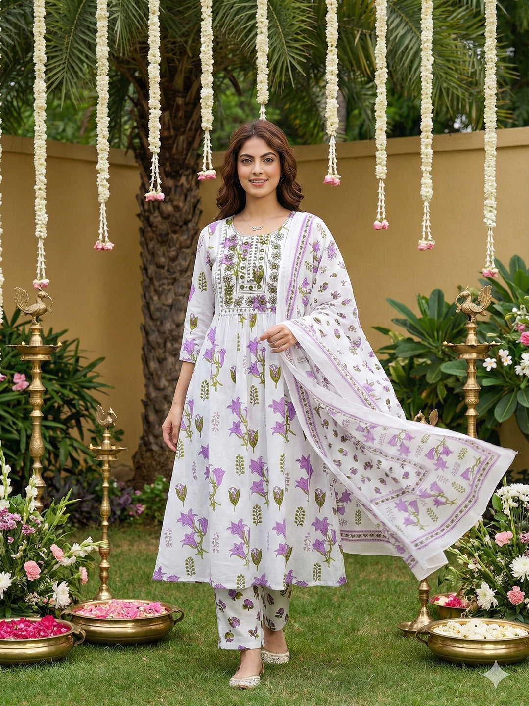 Jaitpuriya Purple And White Pure Cotton Anarkali Pleated Kurta Set