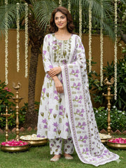 Jaitpuriya Purple And White Pure Cotton Anarkali Pleated Kurta Set