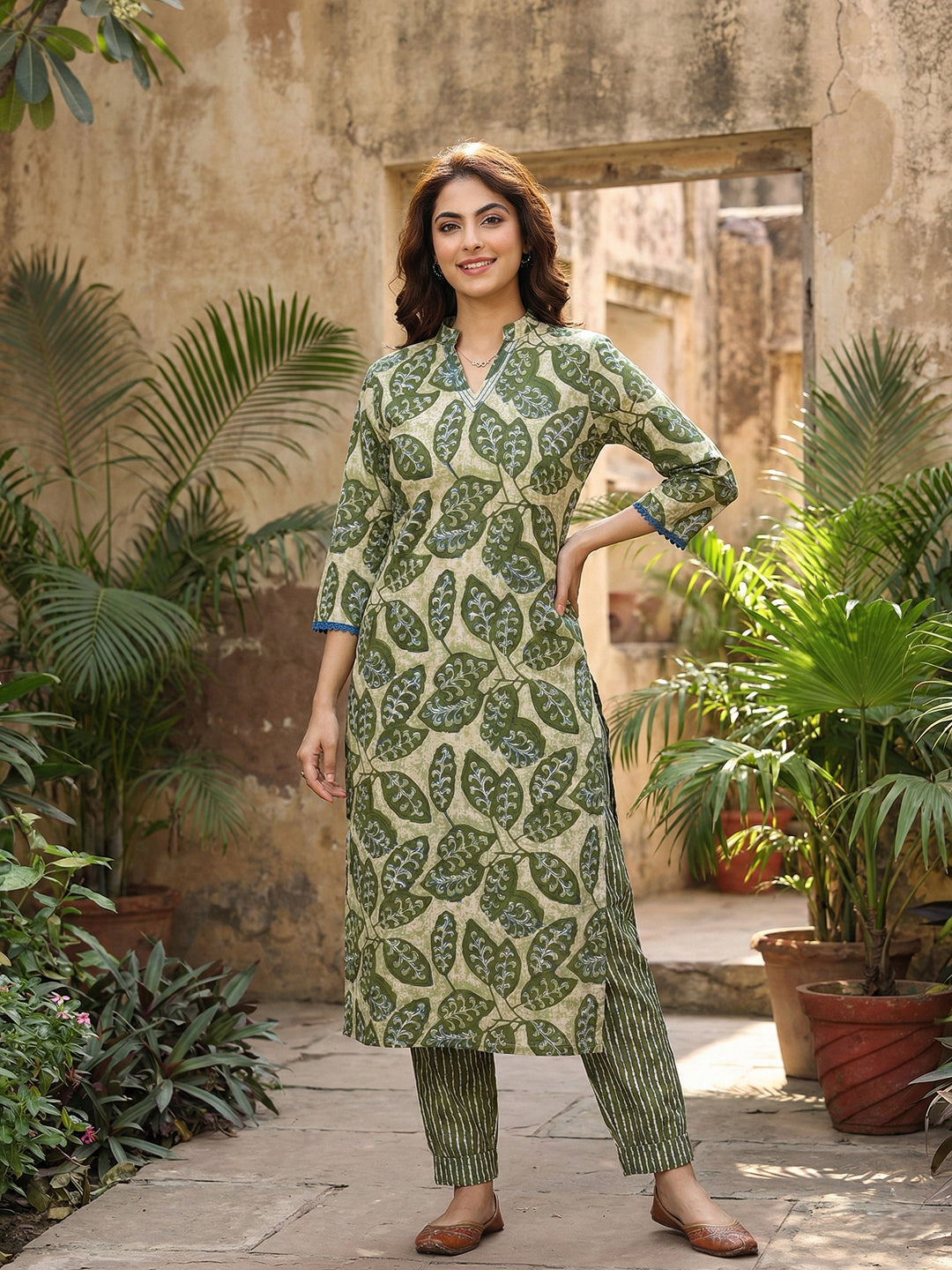 Jaitpuriya Green Pure Cotton Straight Regular Kurta Set