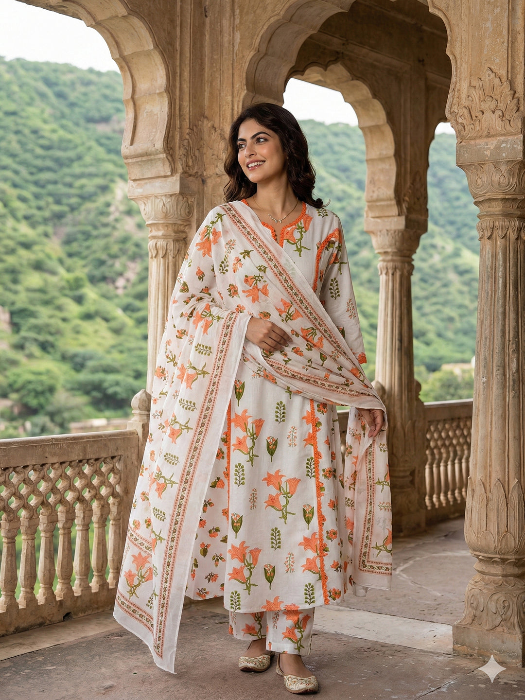 Jaitpuriya Orange And White Pure Cotton A-line Pleated Kurta Set