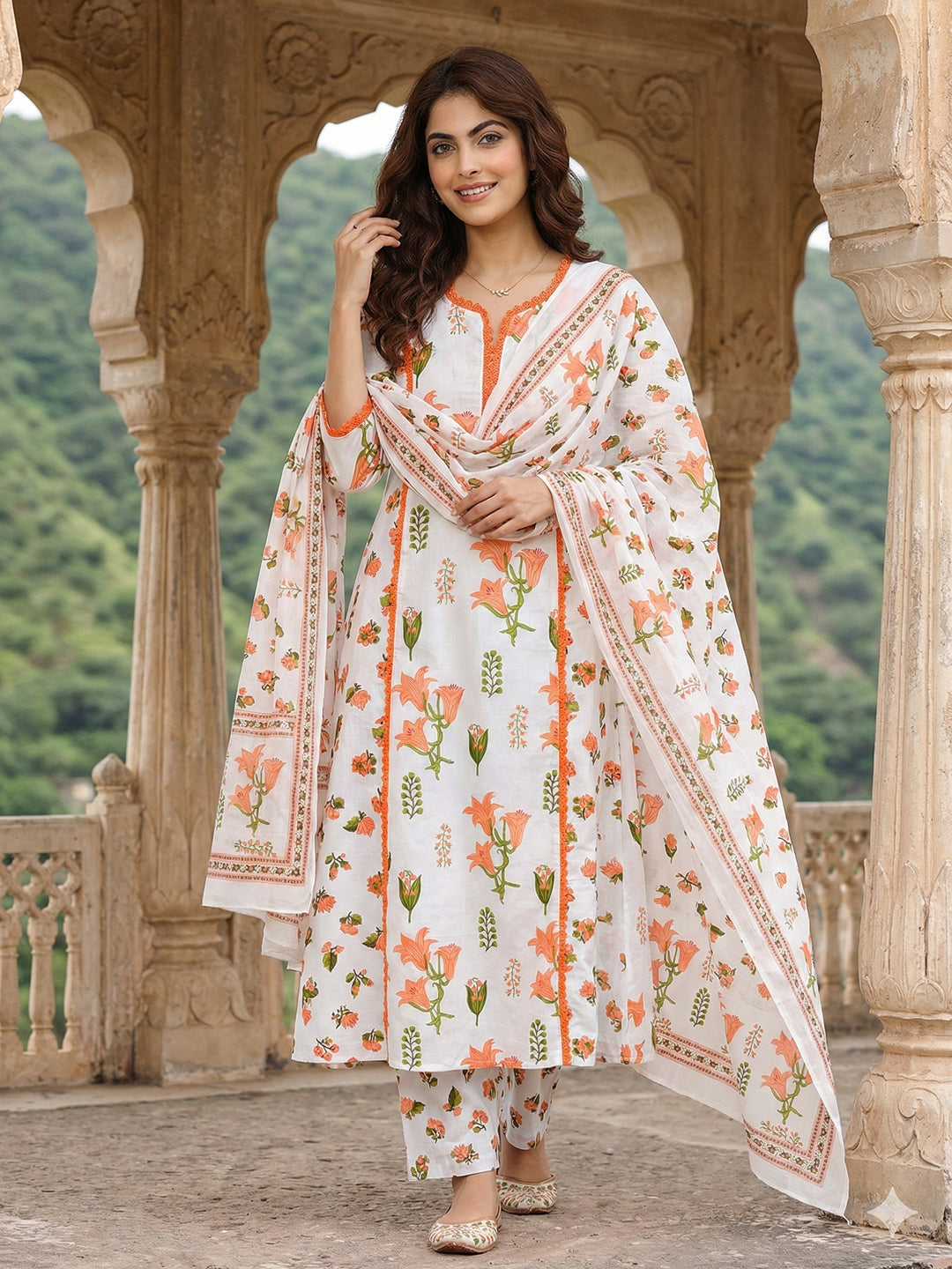 Jaitpuriya Orange And White Pure Cotton A-line Pleated Kurta Set