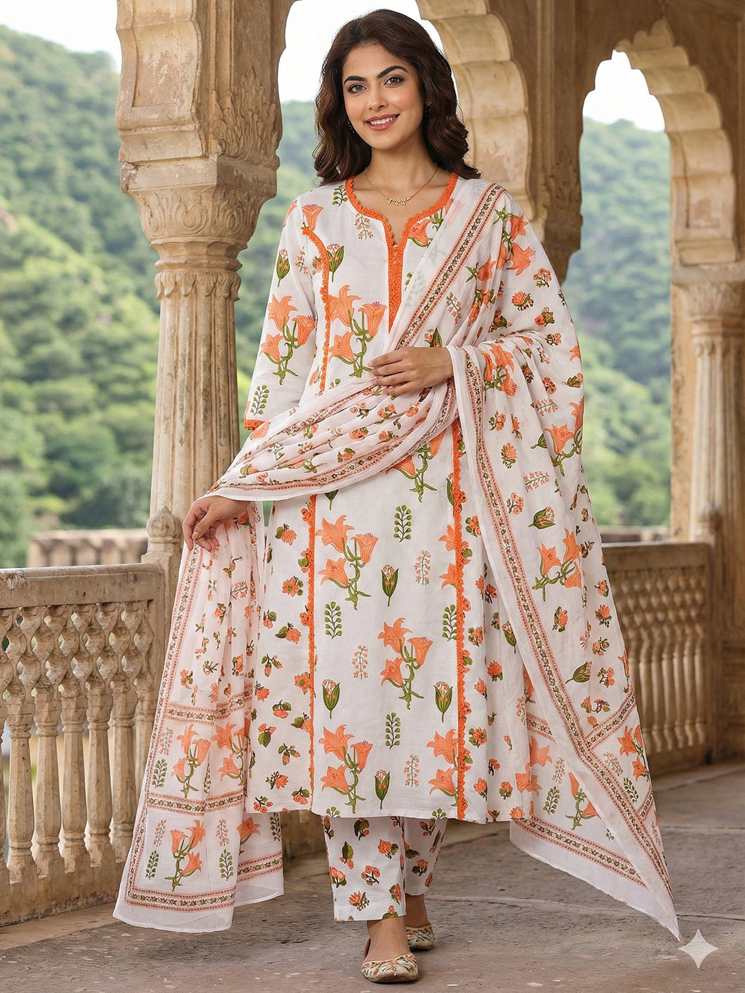 Jaitpuriya Orange And White Pure Cotton A-line Pleated Kurta Set