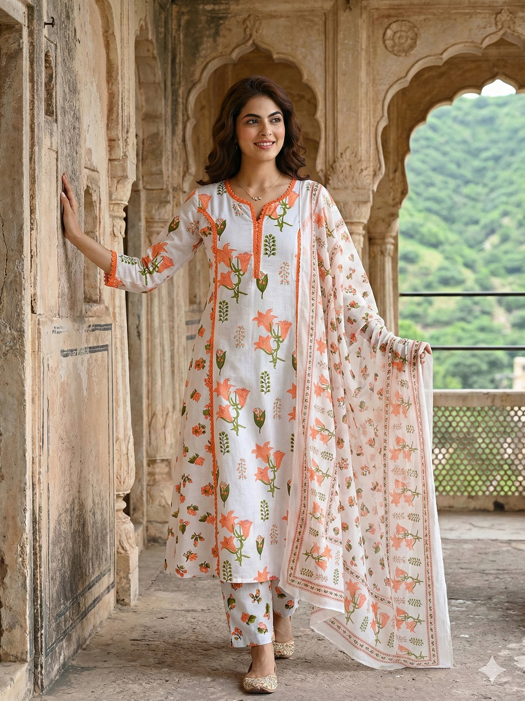 Jaitpuriya Orange And White Pure Cotton A-line Pleated Kurta Set