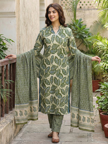 Jaitpuriya Green Pure Cotton Straight Regular Kurta Set