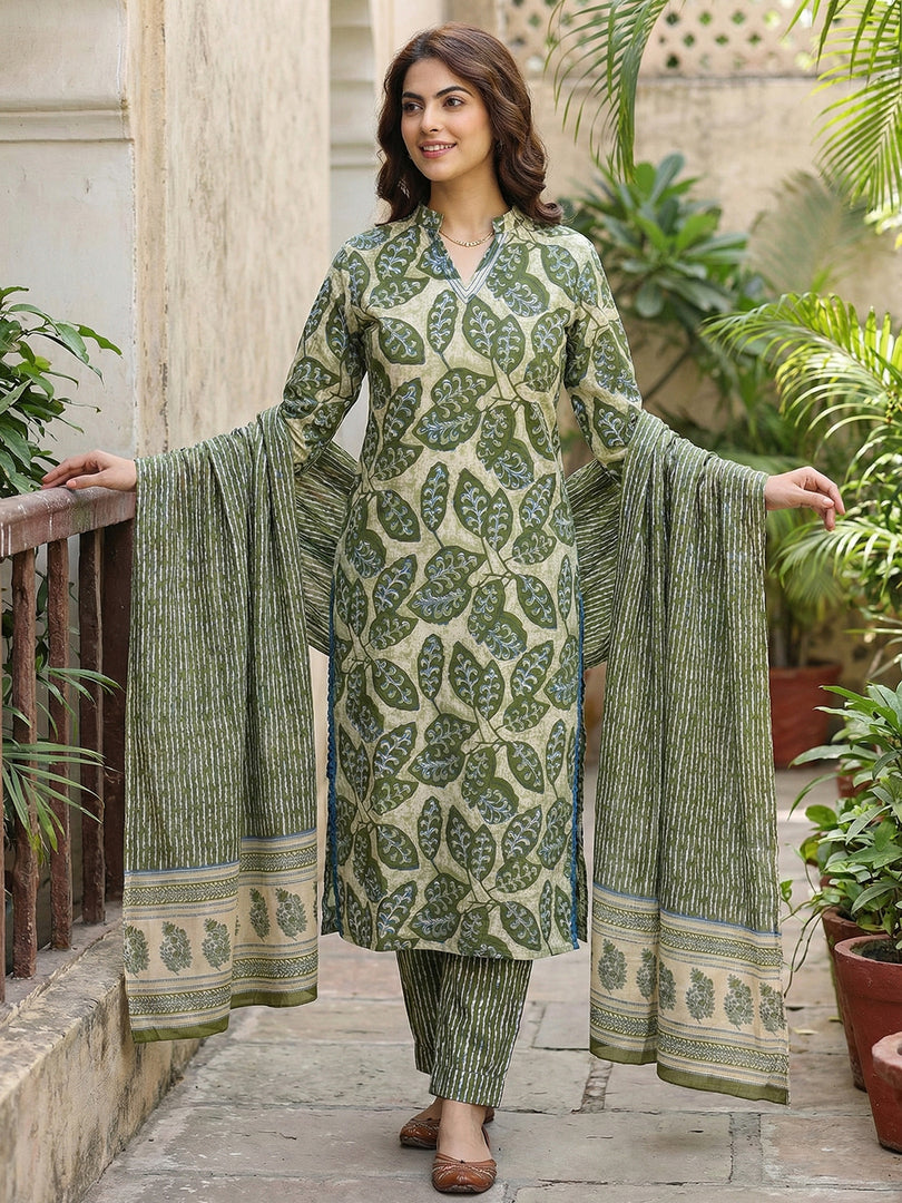 Jaitpuriya Green Pure Cotton Straight Regular Kurta Set