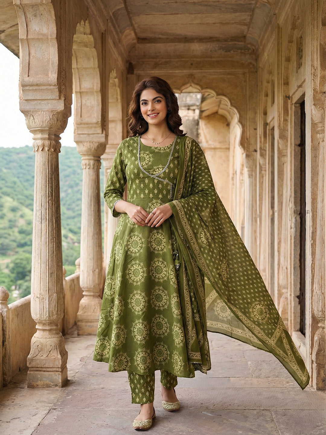 Jaitpuriya Olive Green Pure Cotton Anarkali Angrakha Kurta Set