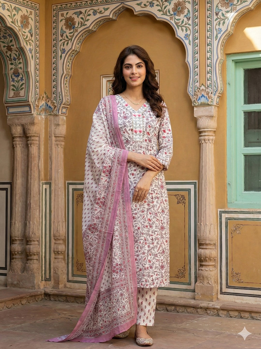Jaitpuriya Purple And White Pure Cotton Straight Regular Kurta Set