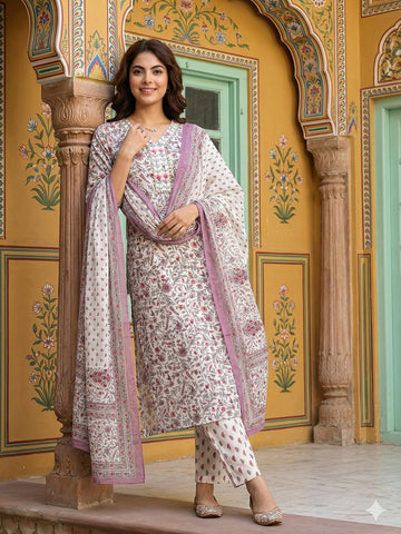 Jaitpuriya Purple And White Pure Cotton Straight Regular Kurta Set