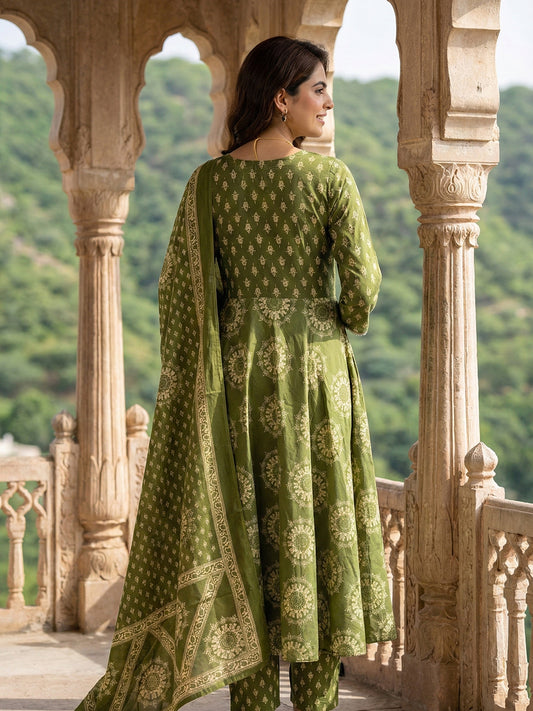 Jaitpuriya Olive Green Pure Cotton Anarkali Angrakha Kurta Set