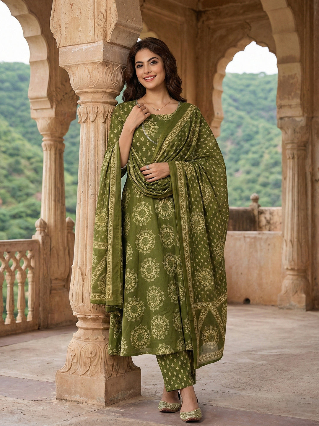 Jaitpuriya Olive Green Pure Cotton Anarkali Angrakha Kurta Set
