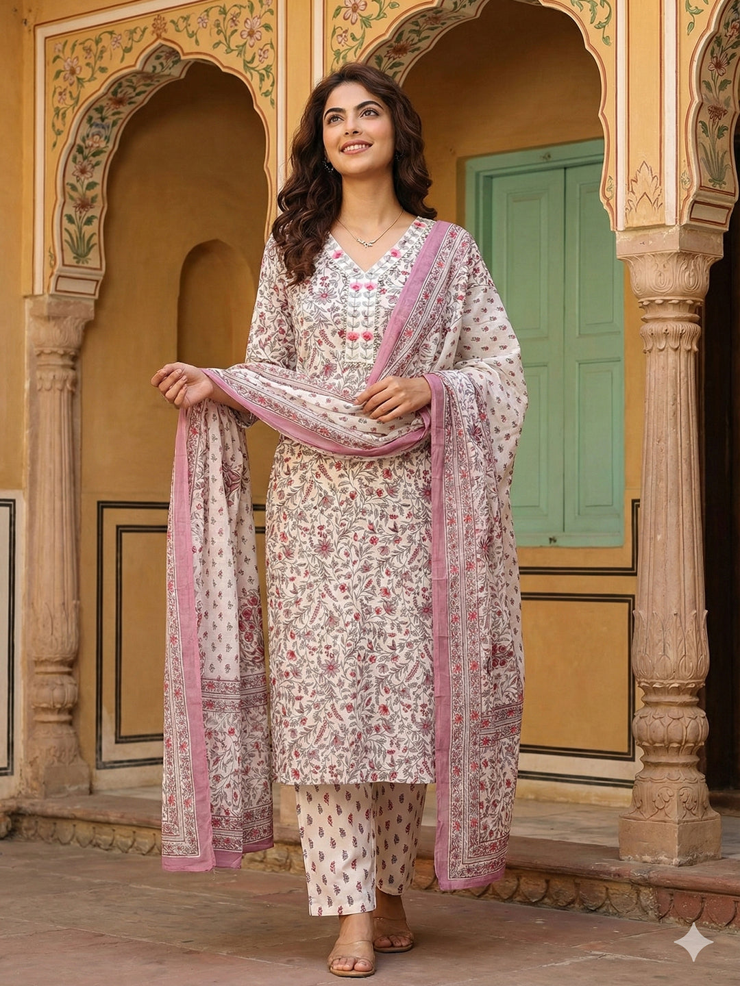 Jaitpuriya Purple And White Pure Cotton Straight Regular Kurta Set