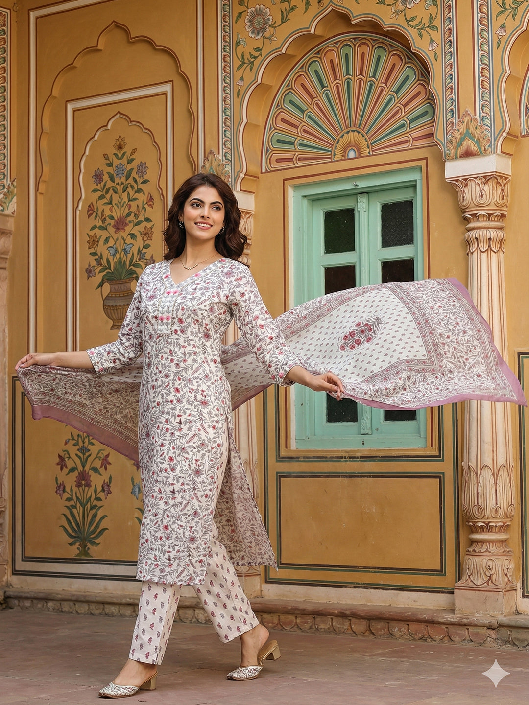 Jaitpuriya Purple And White Pure Cotton Straight Regular Kurta Set
