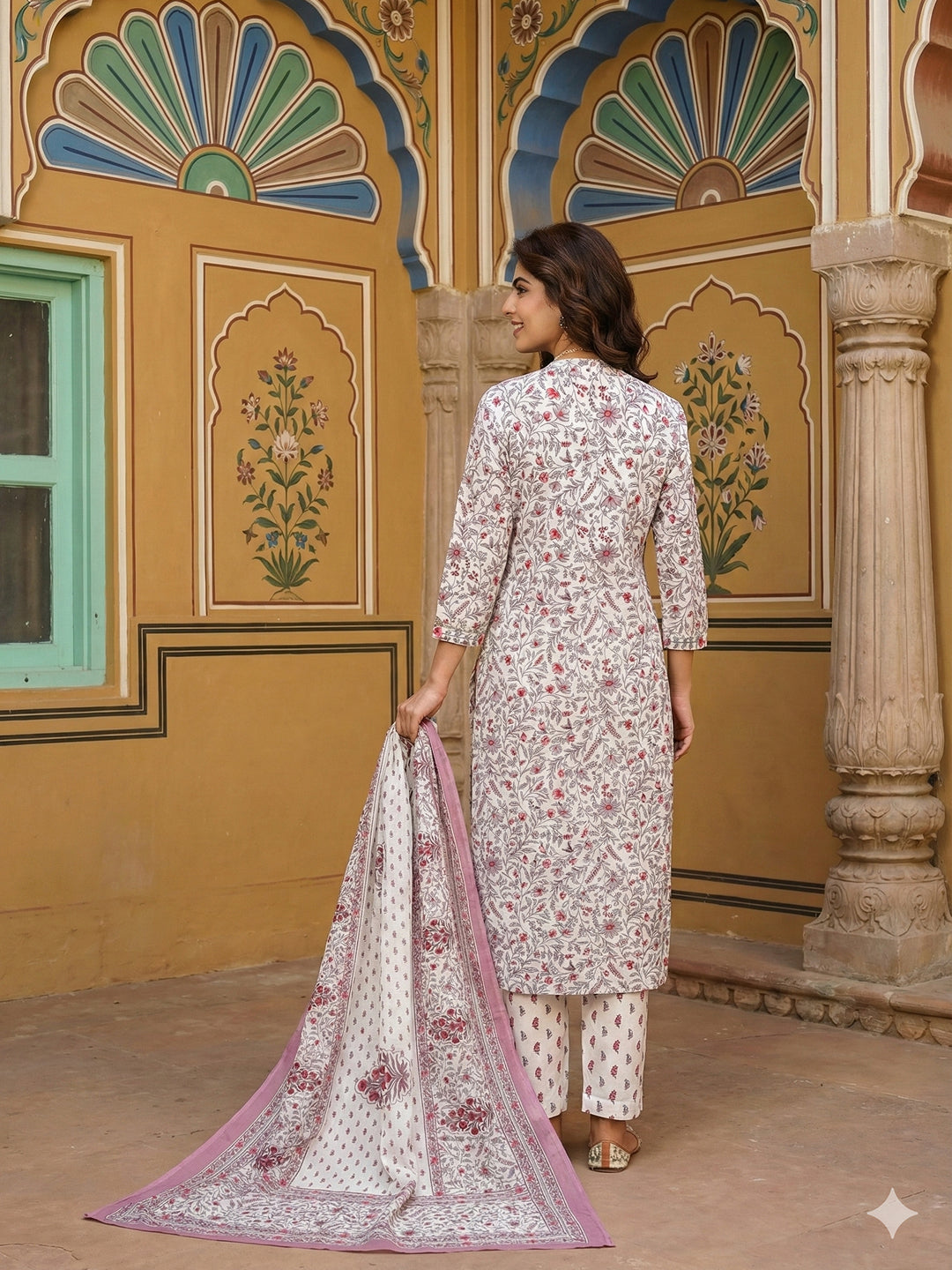 Jaitpuriya Purple And White Pure Cotton Straight Regular Kurta Set