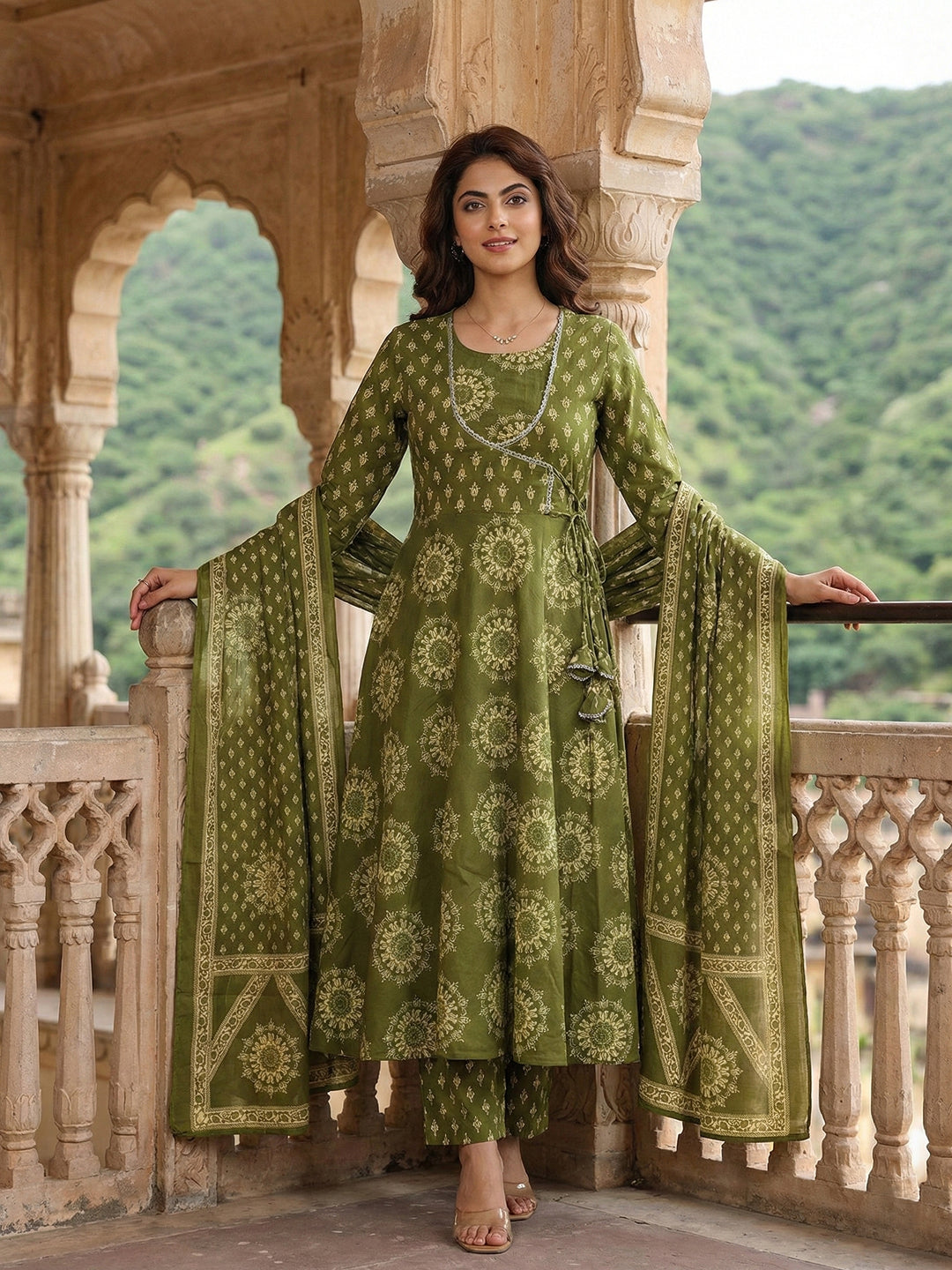 Jaitpuriya Olive Green Pure Cotton Anarkali Angrakha Kurta Set