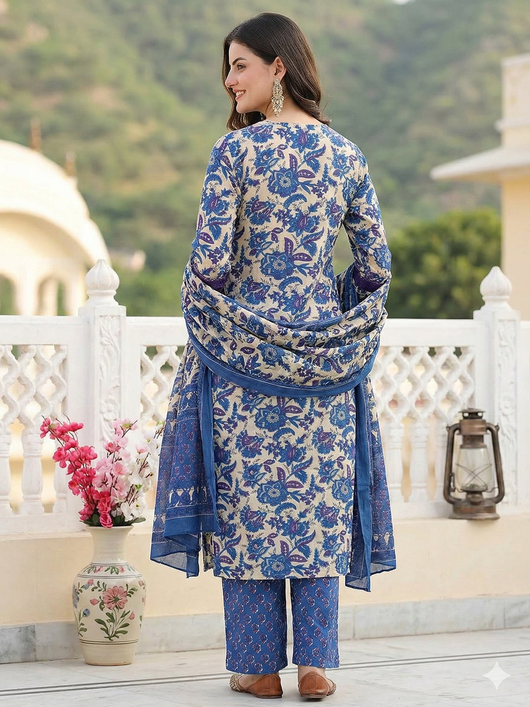 Jaitpuriya Blue Pure Cotton Straight Regular Kurta Set