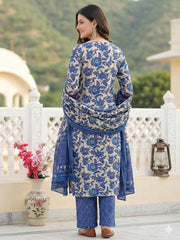 Jaitpuriya Blue Pure Cotton Straight Regular Kurta Set