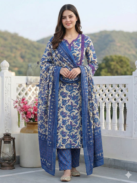 Jaitpuriya Blue Pure Cotton Straight Regular Kurta Set