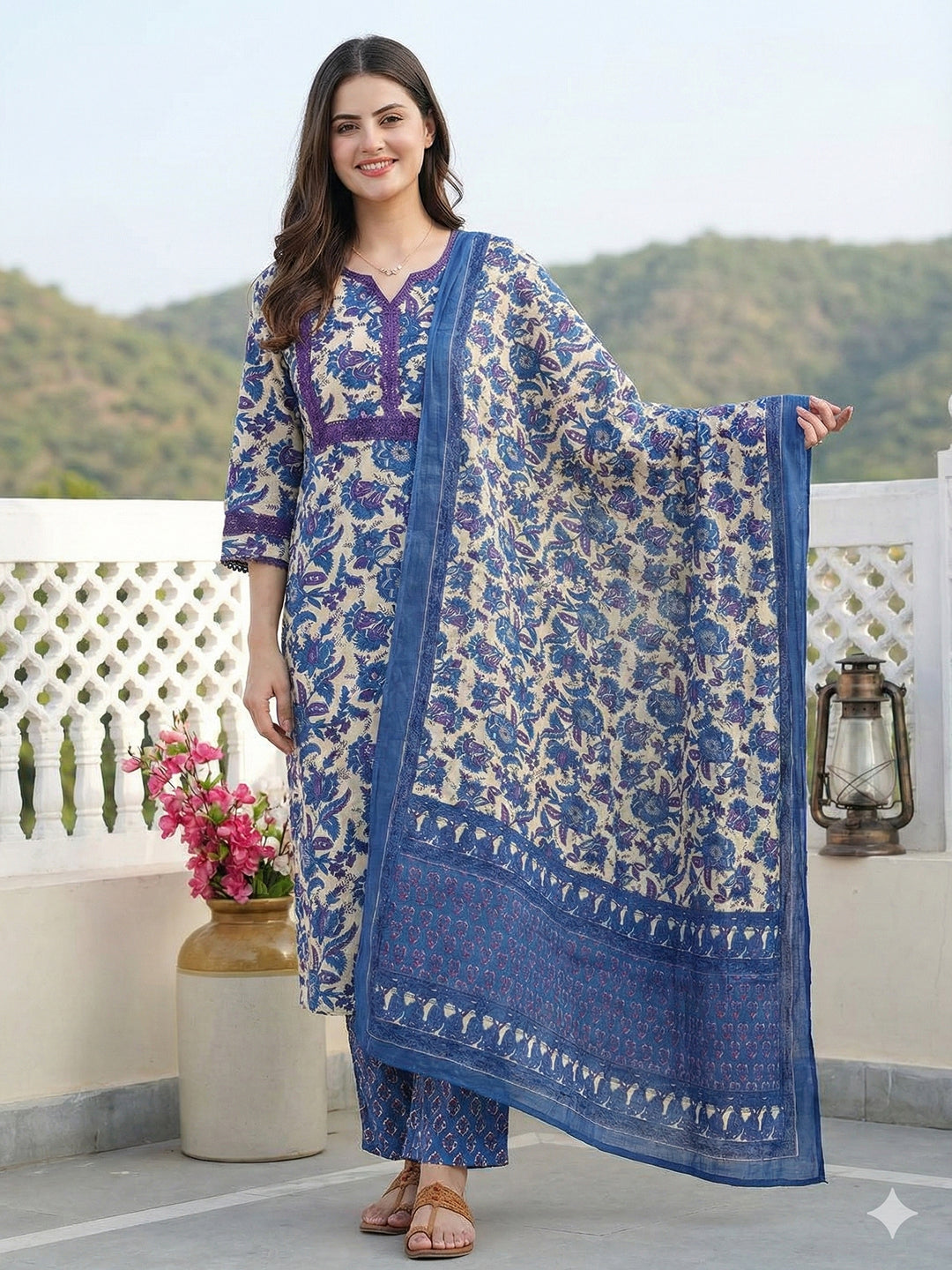 Jaitpuriya Blue Pure Cotton Straight Regular Kurta Set