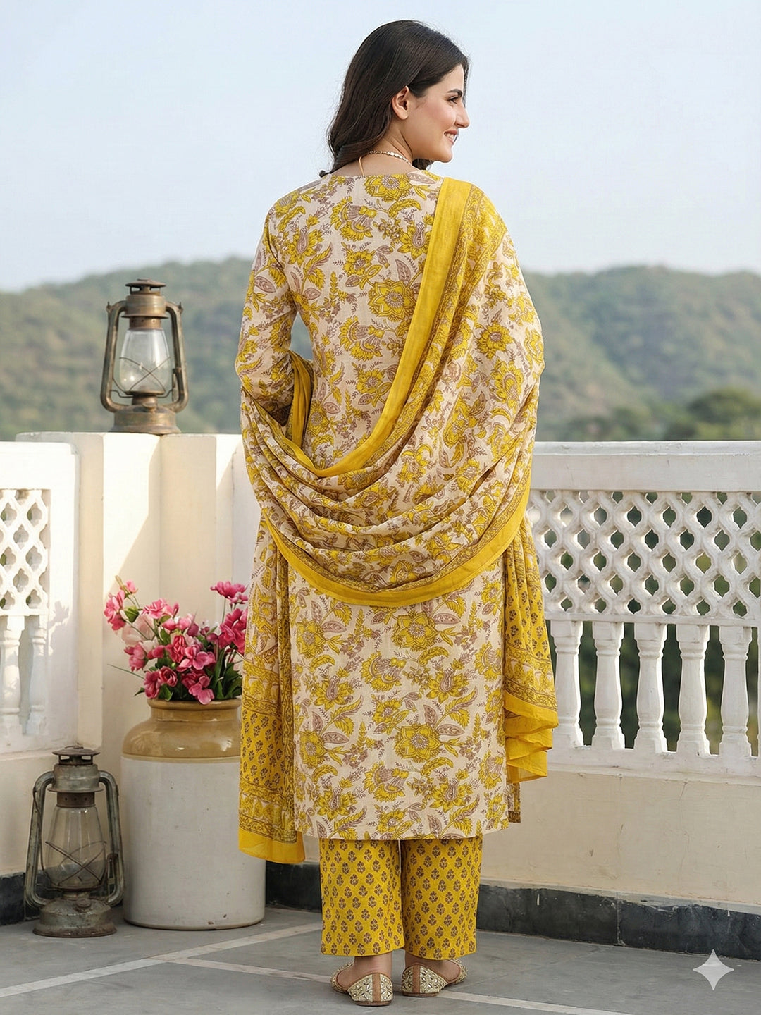 Jaitpuriya Yellow Pure Cotton Straight Regular Kurta Set