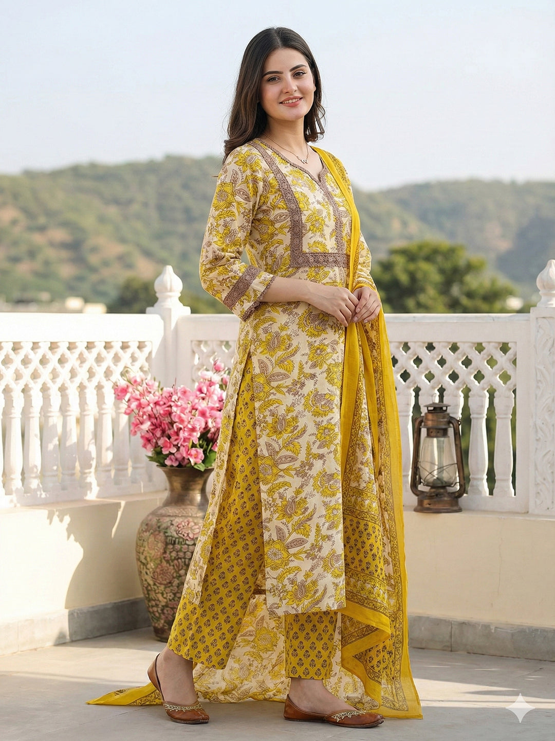 Jaitpuriya Yellow Pure Cotton Straight Regular Kurta Set