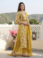 Jaitpuriya Yellow Pure Cotton Straight Regular Kurta Set
