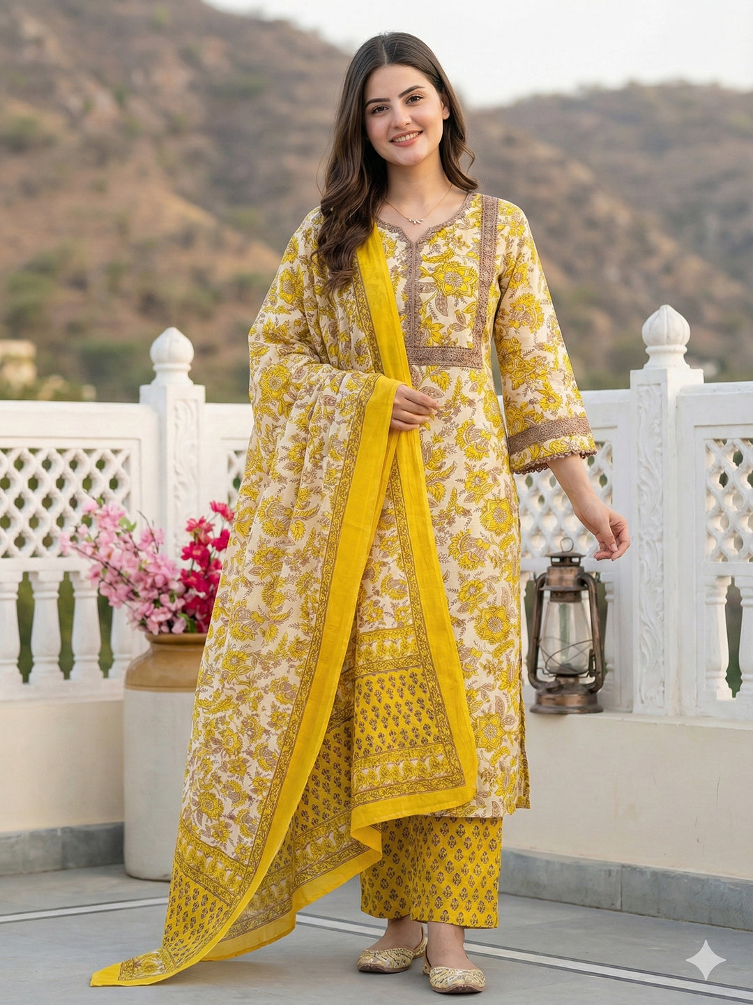 Jaitpuriya Yellow Pure Cotton Straight Regular Kurta Set