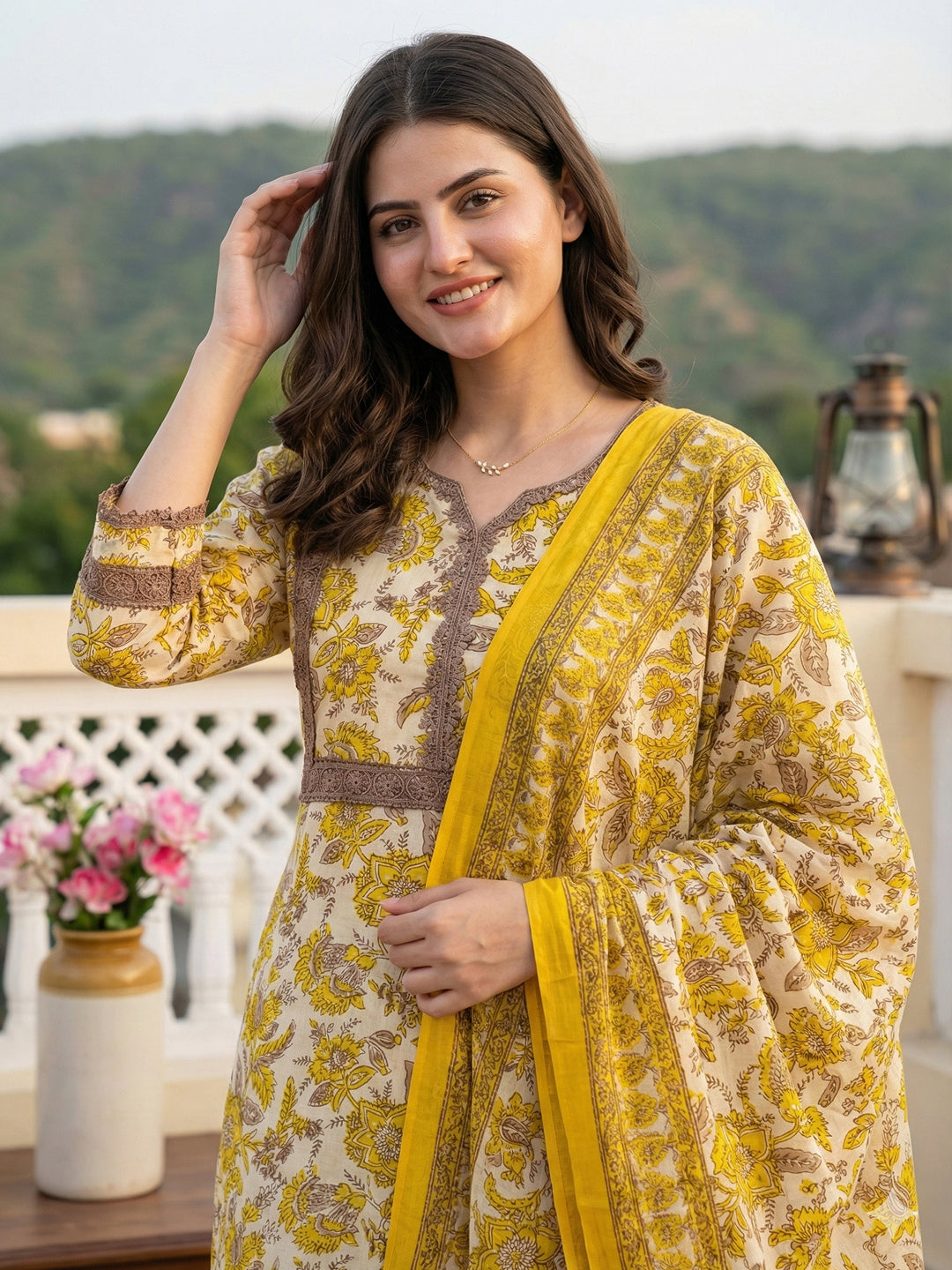 Jaitpuriya Yellow Pure Cotton Straight Regular Kurta Set