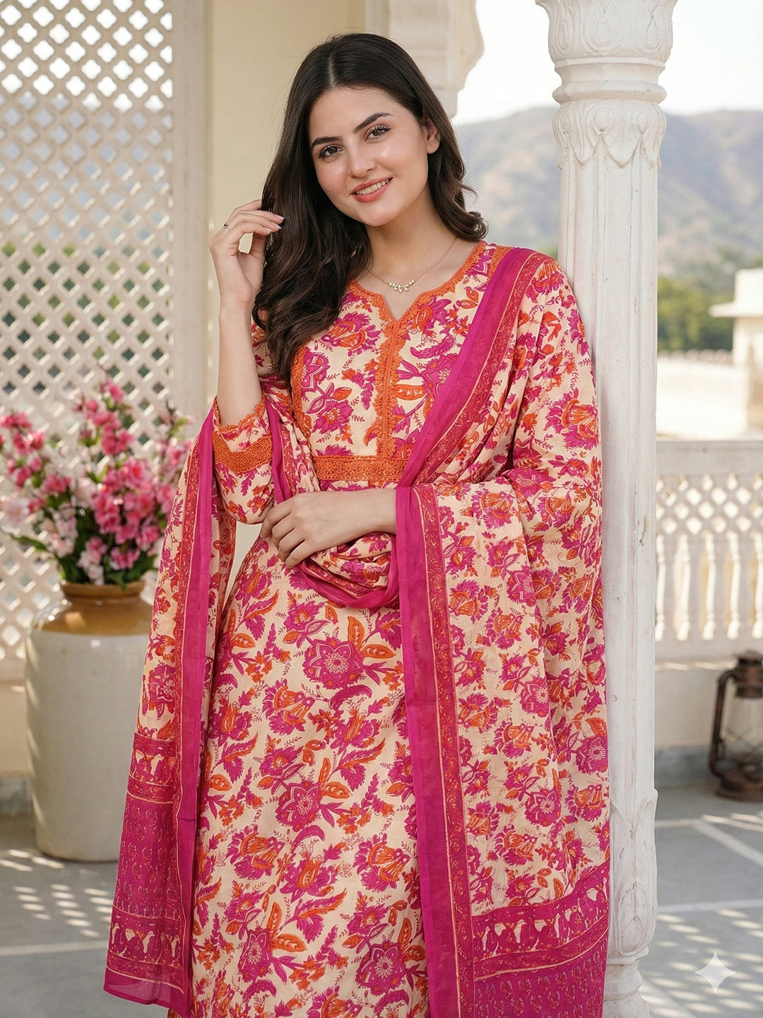 Jaitpuriya Pink Pure Cotton Straight Regular Kurta Set