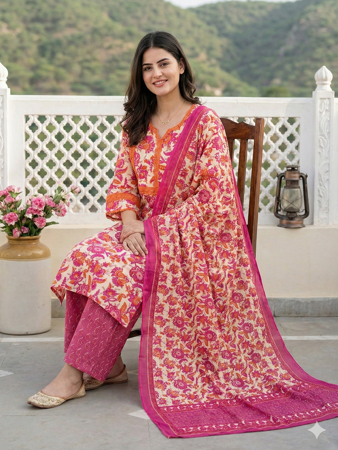 Jaitpuriya Pink Pure Cotton Straight Regular Kurta Set