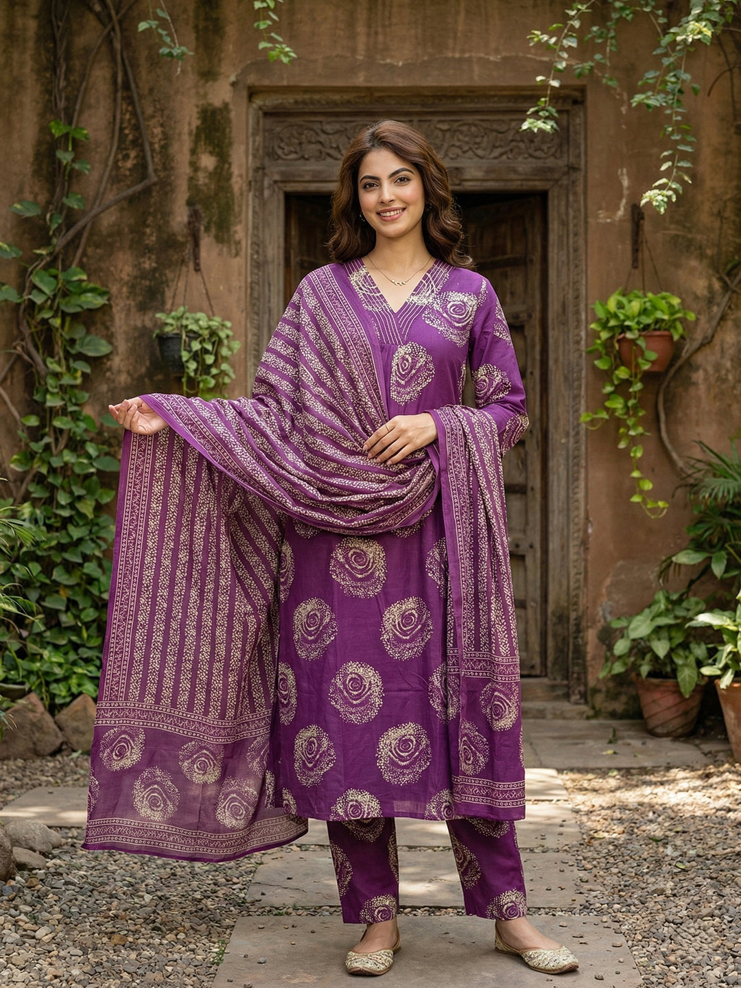 Jaitpuriya Purple Pure Cotton A-line Regular Kurta Set